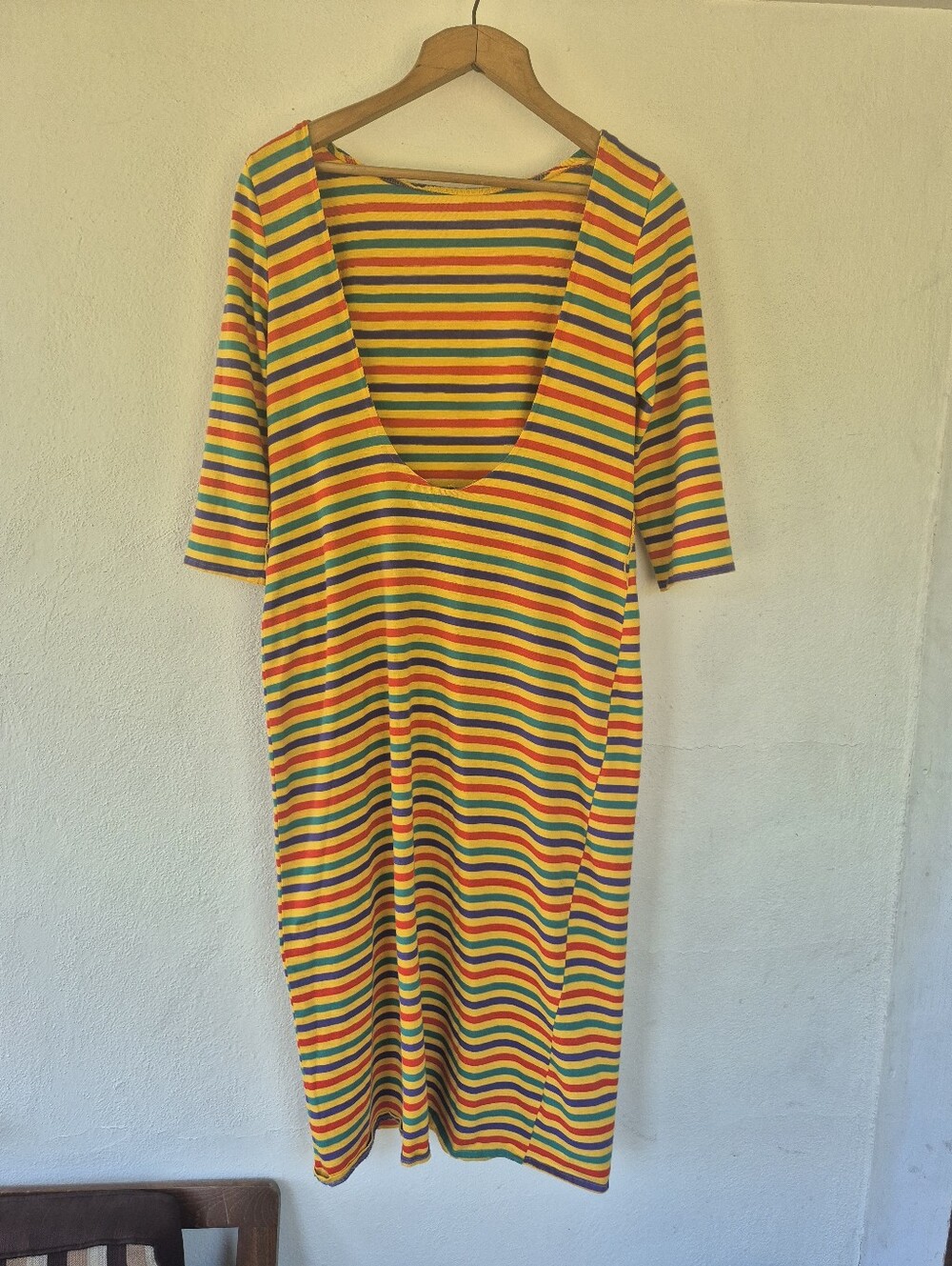 Vintage Linda Lundstrom Striped Midi Dress With Low Back And 3/4 Length Sleeves